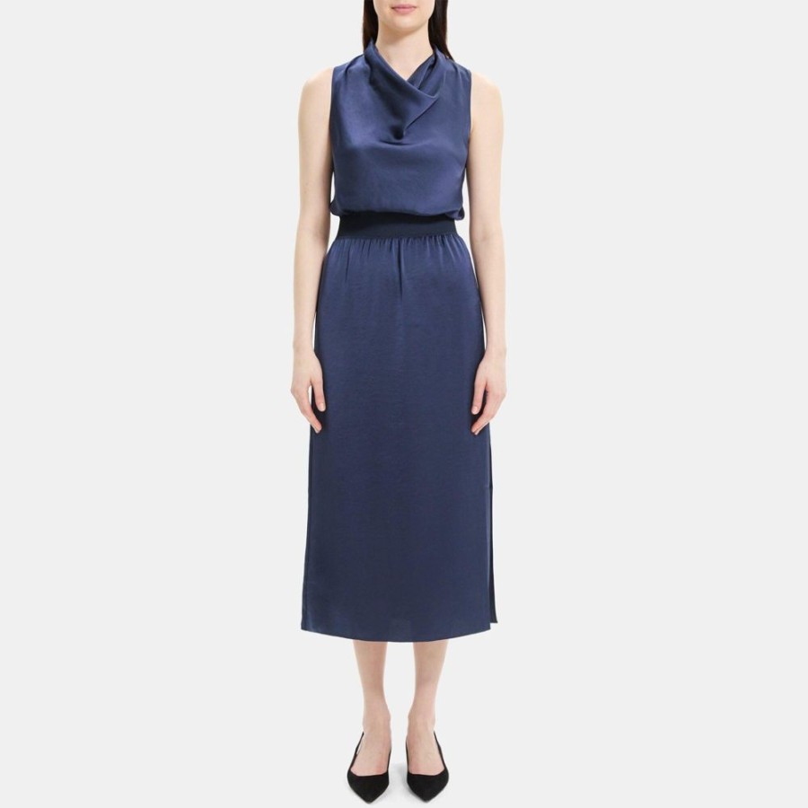 Women Theory Outlet | Sleeveless Cowl Neck Dress In Silky Poly Navy