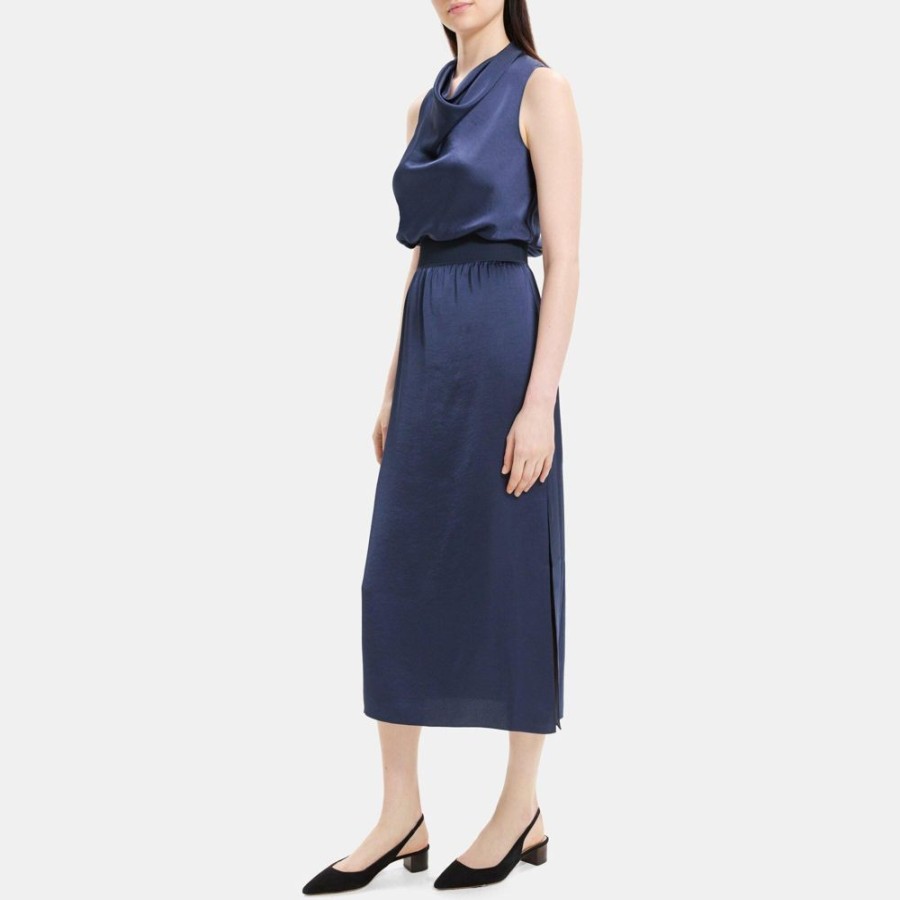 Women Theory Outlet | Sleeveless Cowl Neck Dress In Silky Poly Navy