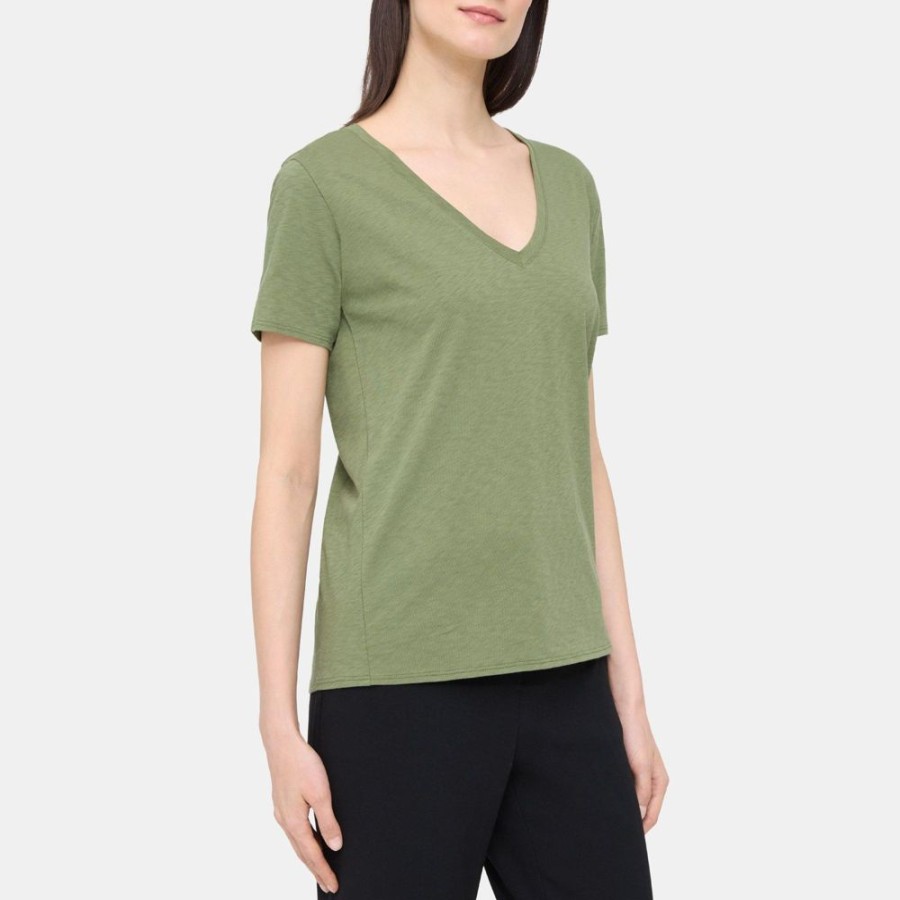 Women Theory Outlet | V-Neck Tee In Slub Cotton Fern