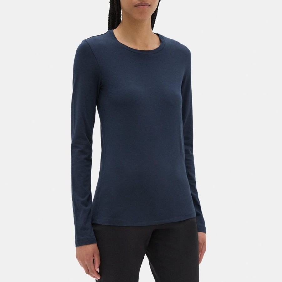 Women Theory Outlet | Long-Sleeve Tee In Stretch Cotton Deep Navy