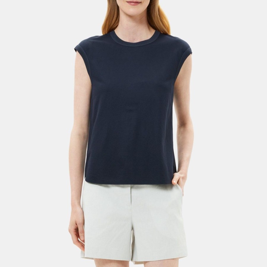 Women Theory Outlet | Scoop Neck Tee In Drapey Pique Deep Navy