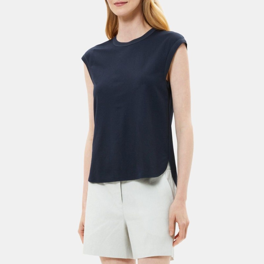 Women Theory Outlet | Scoop Neck Tee In Drapey Pique Deep Navy