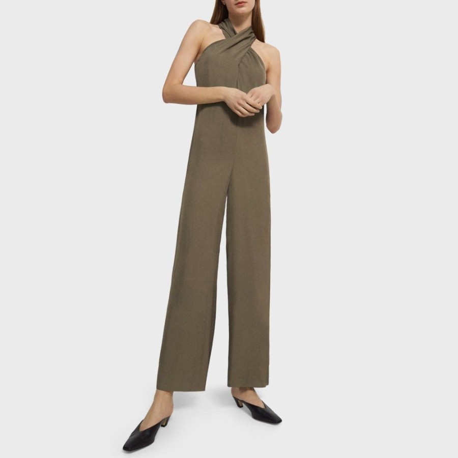 Women Theory Outlet | Sleeveless Halter Jumpsuit In Washed Twill Willow