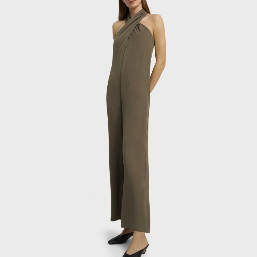 Women Theory Outlet | Sleeveless Halter Jumpsuit In Washed Twill Willow