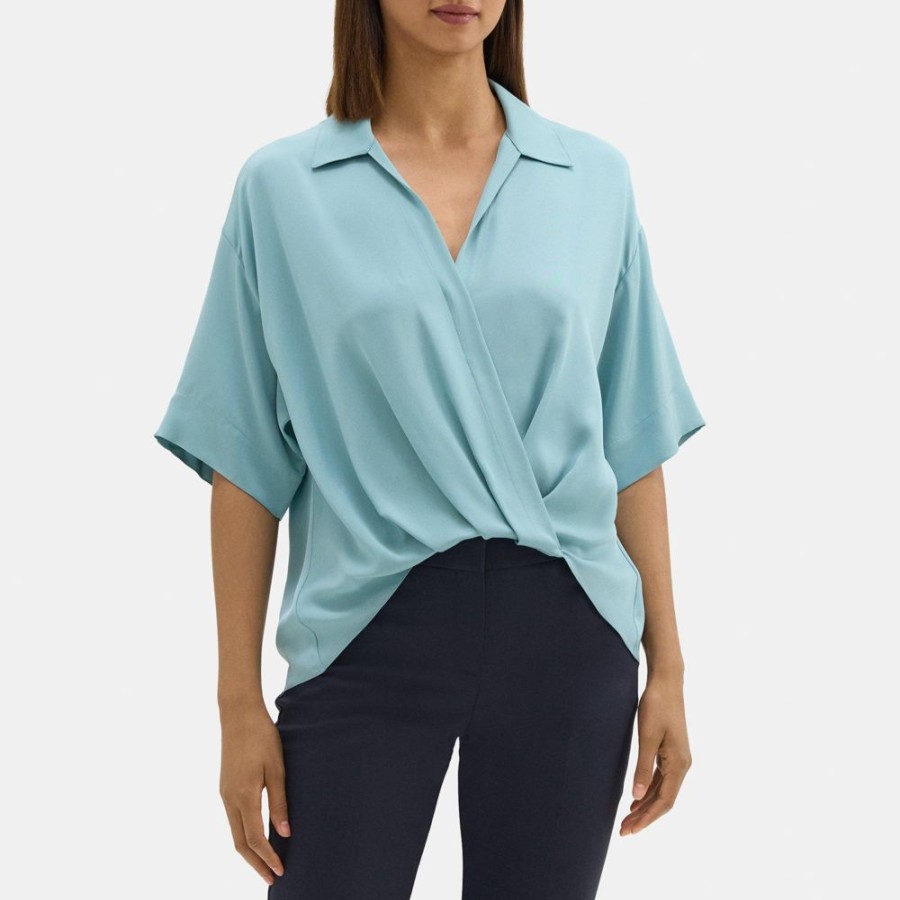 Women Theory Outlet | Twisted Short-Sleeve Blouse In Silk Georgette Light Teal