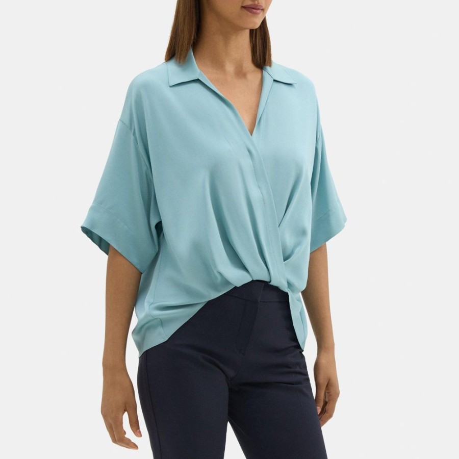 Women Theory Outlet | Twisted Short-Sleeve Blouse In Silk Georgette Light Teal