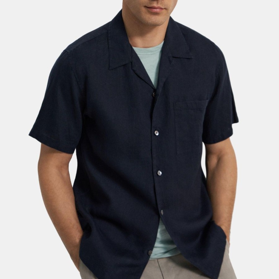 Men Theory Outlet | Short-Sleeve Shirt In Linen Twill Baltic