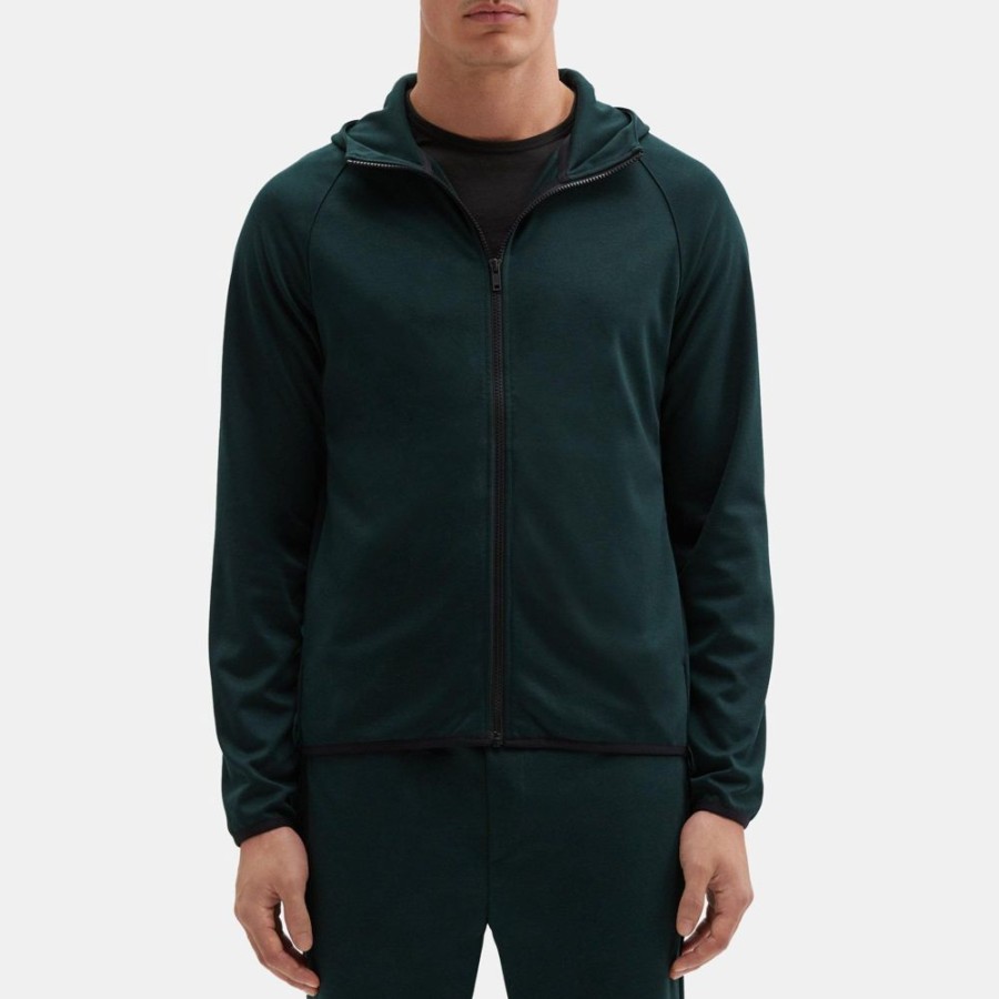 Men Theory Outlet | Hooded Zip-Up Jacket In Compact Pique Dark Spruce