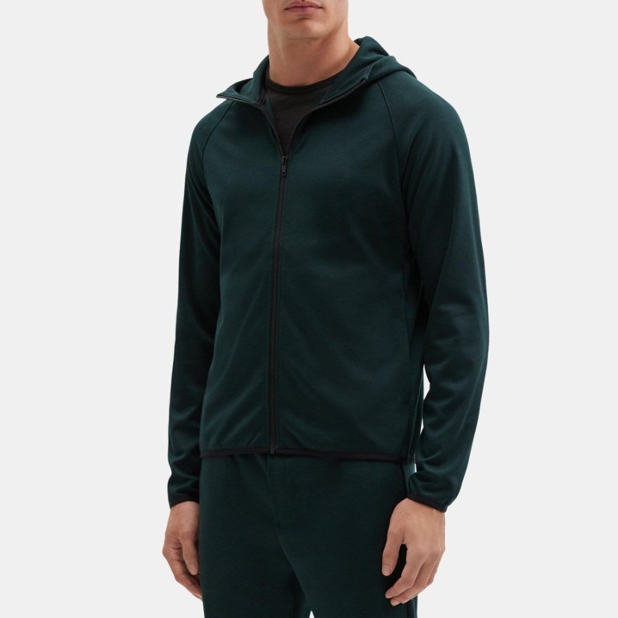 Men Theory Outlet | Hooded Zip-Up Jacket In Compact Pique Dark Spruce