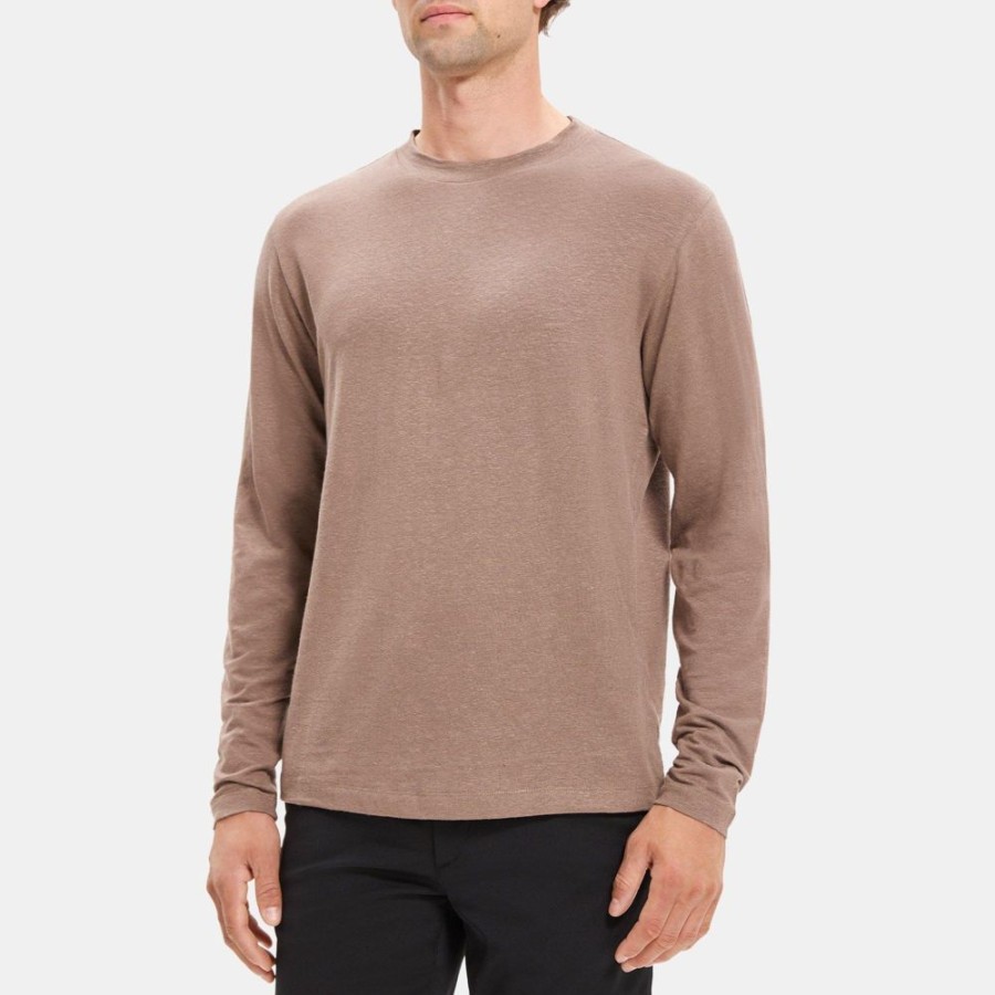 Men Theory Outlet | Long-Sleeve Tee In Stretch Linen Fossil