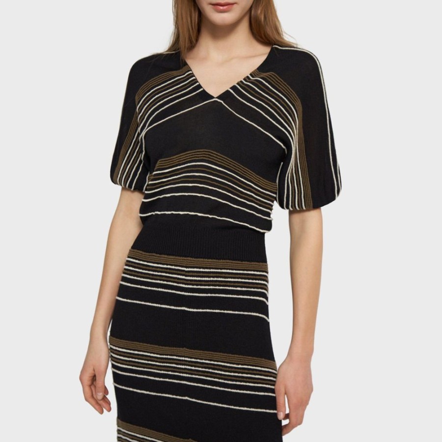 Women Theory Outlet | Striped Rib Dress In Viscose-Wool Black/Ecru/Willow