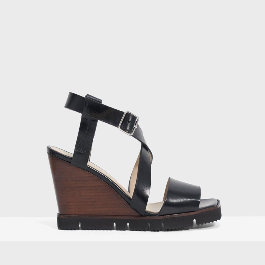 Women Theory Outlet | Cross Band Wedge In Leather Black