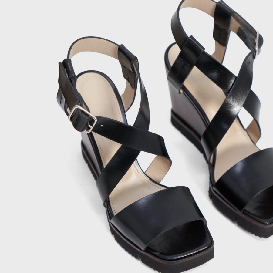 Women Theory Outlet | Cross Band Wedge In Leather Black