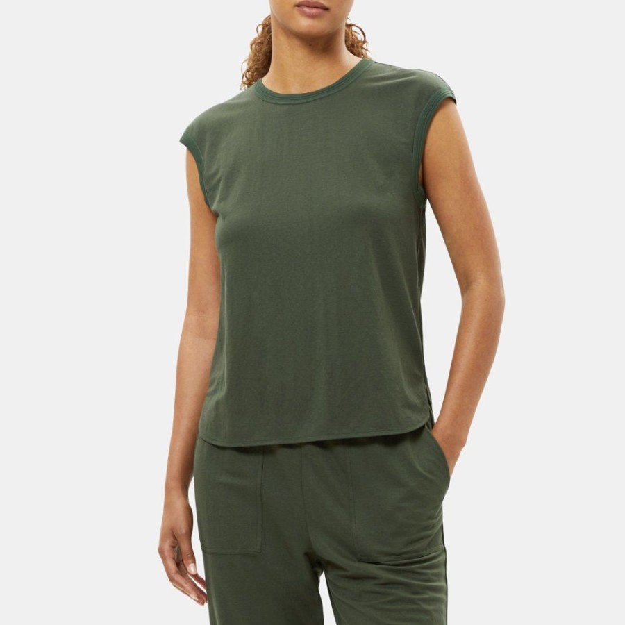 Women Theory Outlet | Scoop Neck Tee In Drapey Pique Army