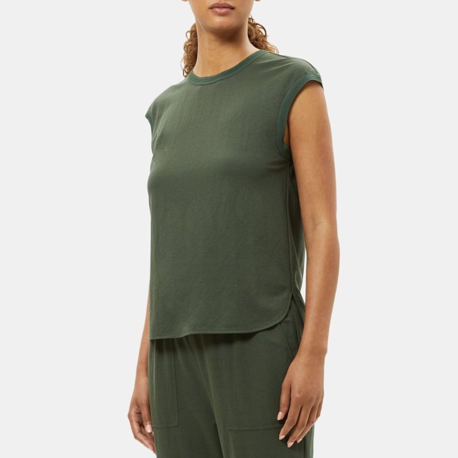 Women Theory Outlet | Scoop Neck Tee In Drapey Pique Army