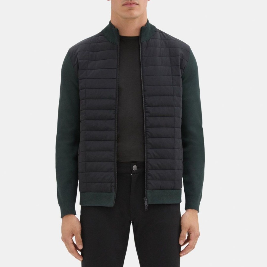 Men Theory Outlet | Zip Puffer Cardigan In Stretch Viscose Dark Forest/Black