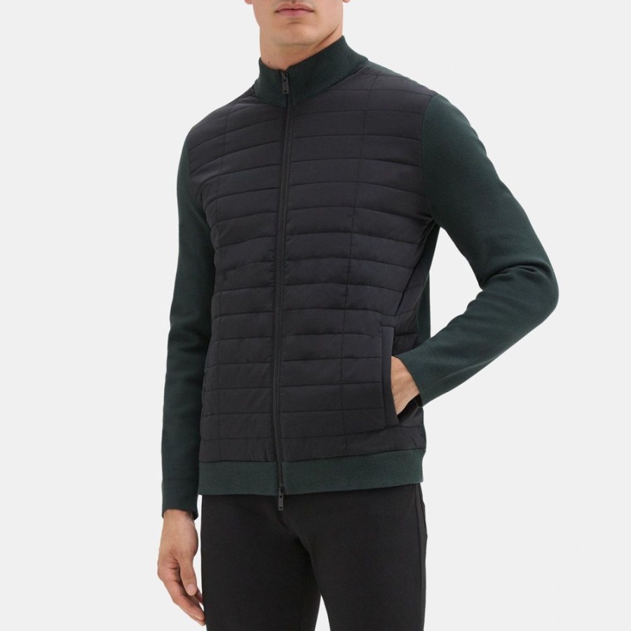 Men Theory Outlet | Zip Puffer Cardigan In Stretch Viscose Dark Forest/Black