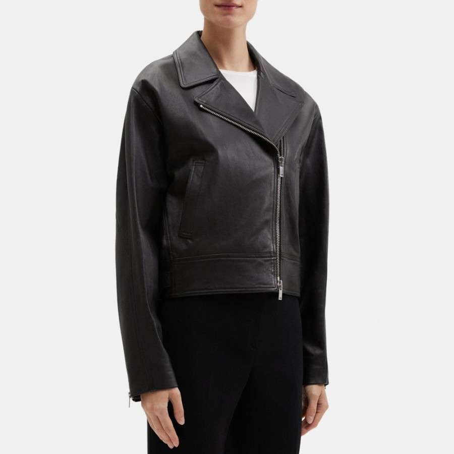 Women Theory Outlet | Cropped Moto Jacket In Leather Black