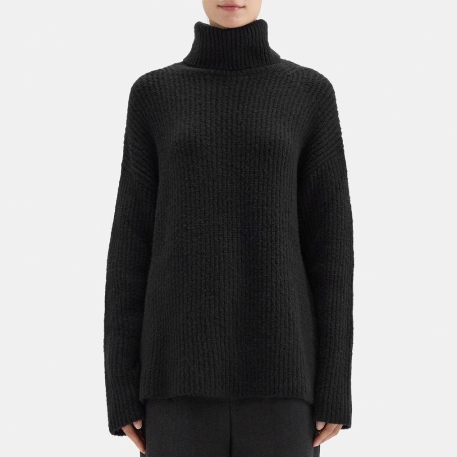 Women Theory Outlet | Ribbed Turtleneck In Knit Boucle Black