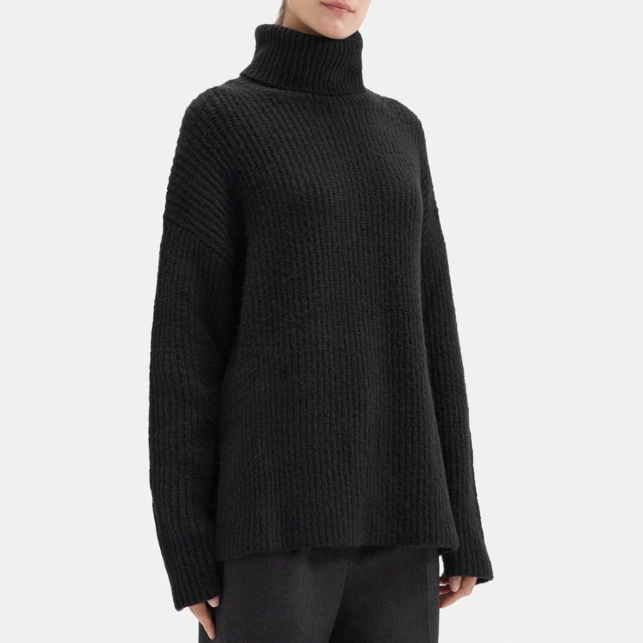 Women Theory Outlet | Ribbed Turtleneck In Knit Boucle Black