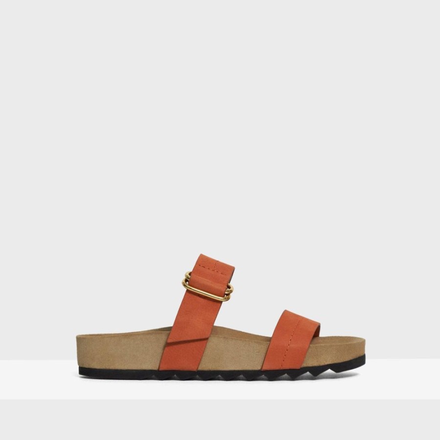 Women Theory Outlet | Buckled Slide Sandal In Nubuck Leather Light Copper