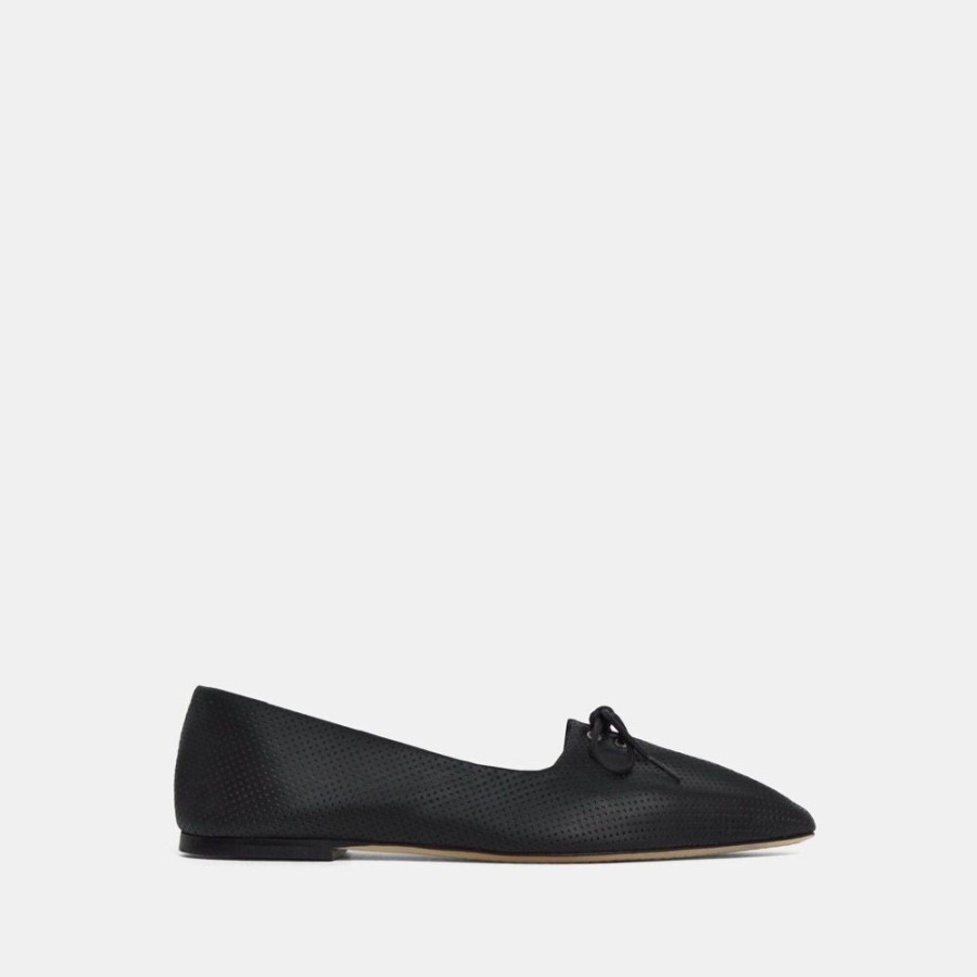 Women Theory Outlet | Pleated Ballet Flat In Perforated Leather Black