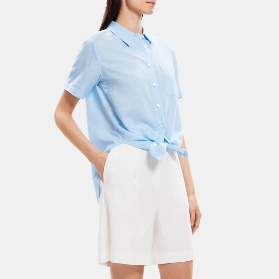 Women Theory Outlet | Tie-Front Shirt In Linen-Tencel Bay Blue