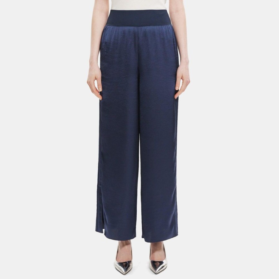 Women Theory Outlet | Slit Pull-On Pant In Silky Poly Navy