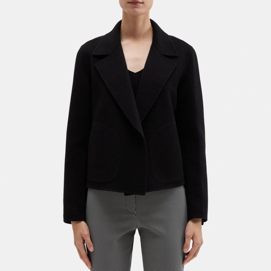 Women Theory Outlet | Cropped Open Front Jacket In Double-Face Wool-Cashmere Black