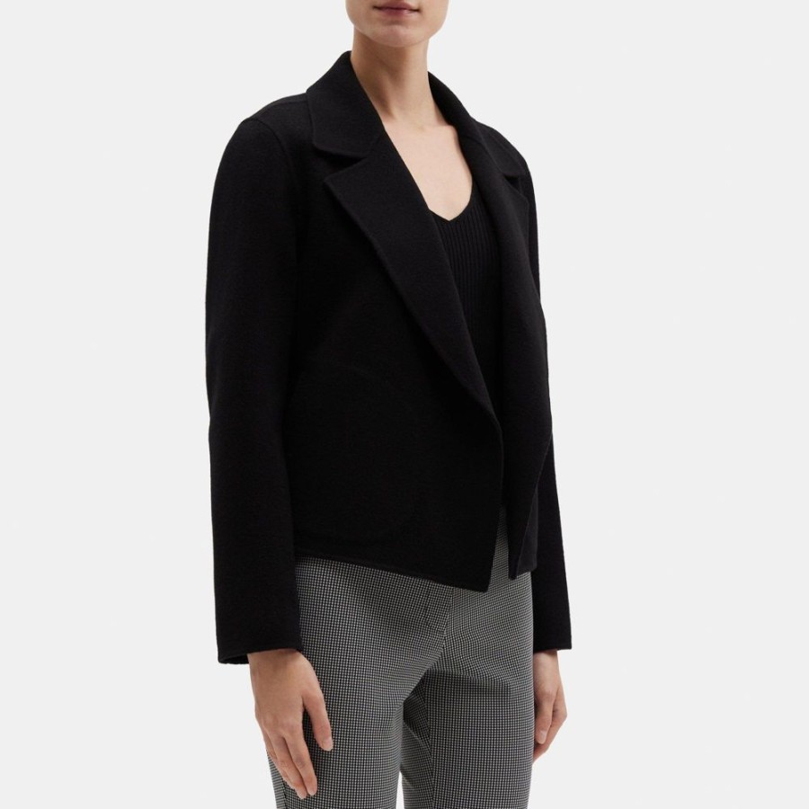 Women Theory Outlet | Cropped Open Front Jacket In Double-Face Wool-Cashmere Black