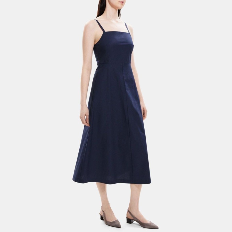 Women Theory Outlet | A-Line Maxi Dress In Cotton Poplin Deep Navy