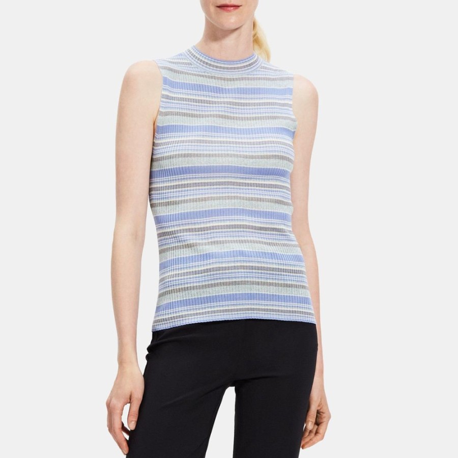 Women Theory Outlet | Mock Neck Tank In Washable Silk Regatta Multi