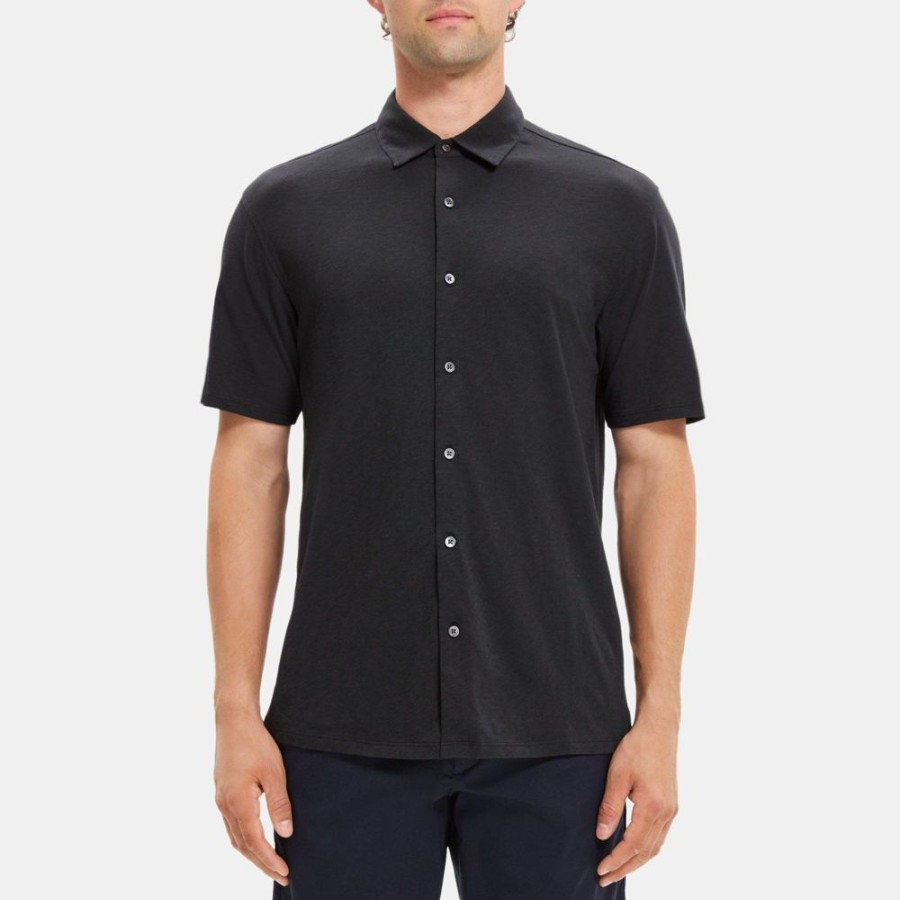 Men Theory Outlet | Standard-Fit Short-Sleeve Shirt In Slub Cotton Black