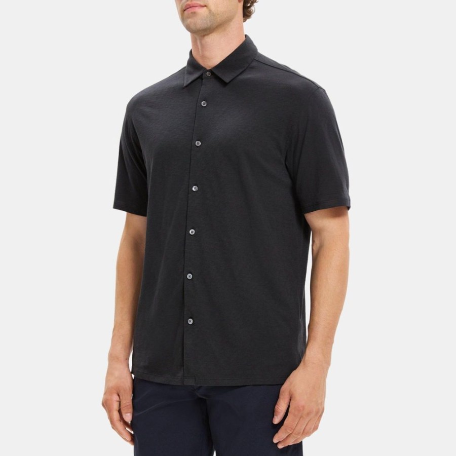 Men Theory Outlet | Standard-Fit Short-Sleeve Shirt In Slub Cotton Black