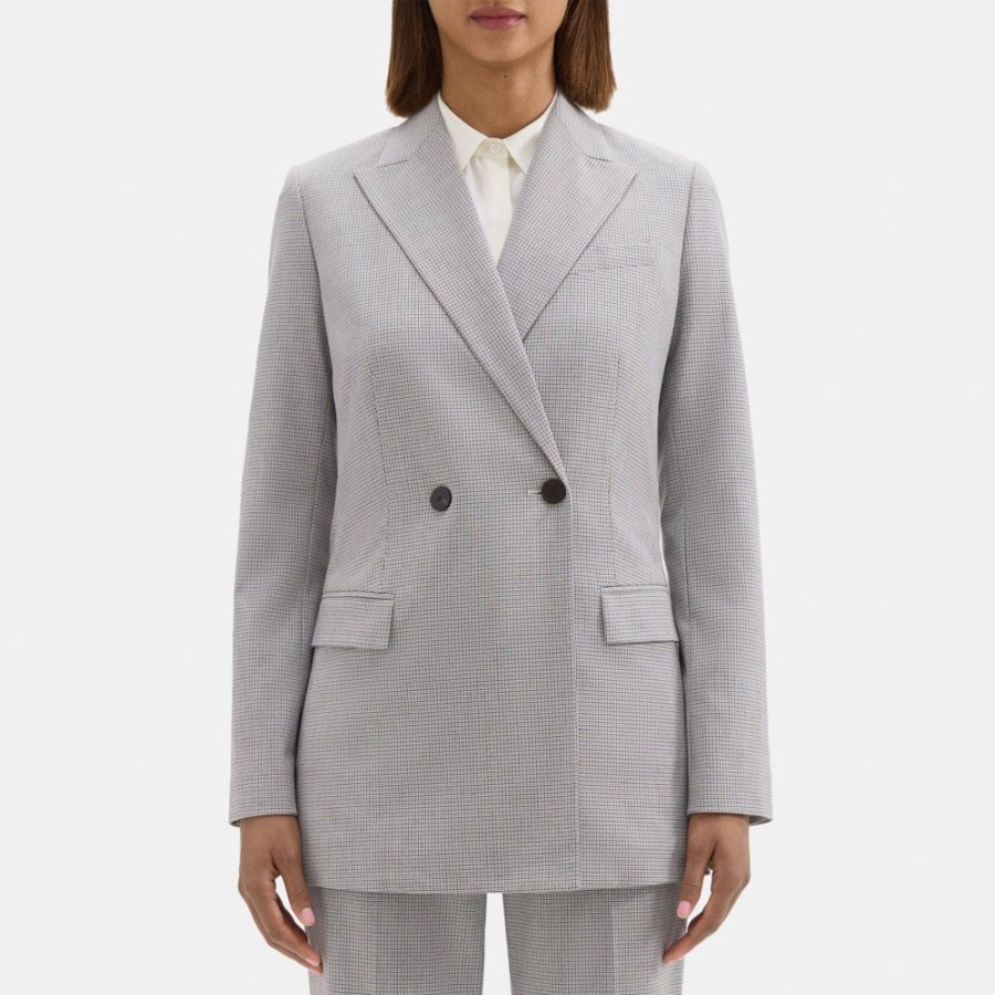 Women Theory Outlet | Double-Breasted Jacket In Checked Suiting Tan Multi