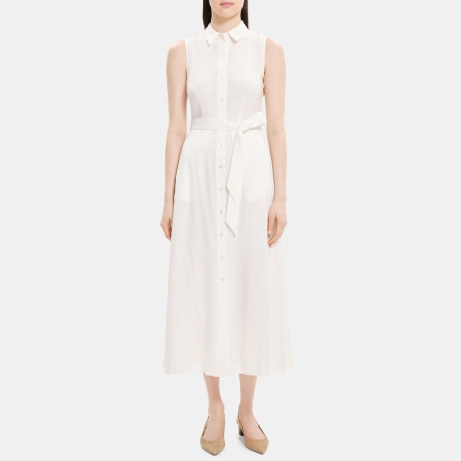 Women Theory Outlet | Sleeveless Shirt Dress In Linen-Blend Optic White