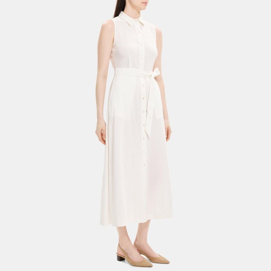 Women Theory Outlet | Sleeveless Shirt Dress In Linen-Blend Optic White