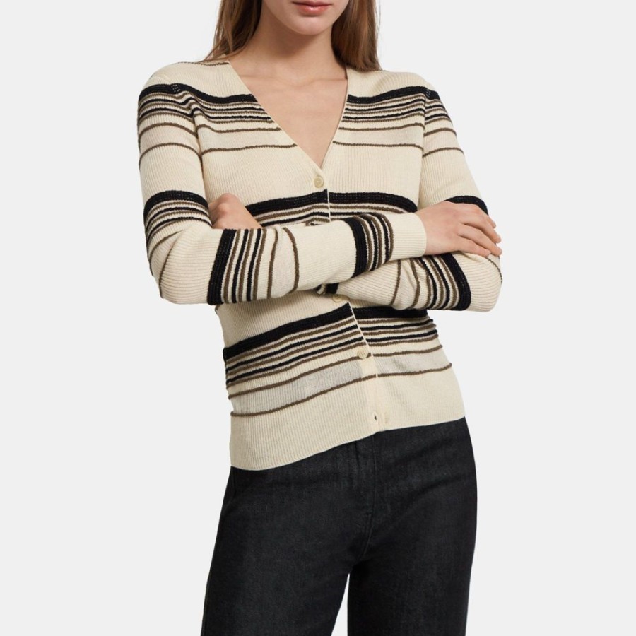 Women Theory Outlet | Striped Rib Cardigan In Viscose-Wool Ecru/Willow/Black