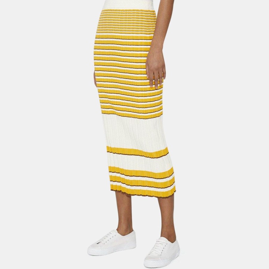 Women Theory Outlet | Striped Midi Skirt In Cotton Blend Rib Knit Soap/Amber/Cedar