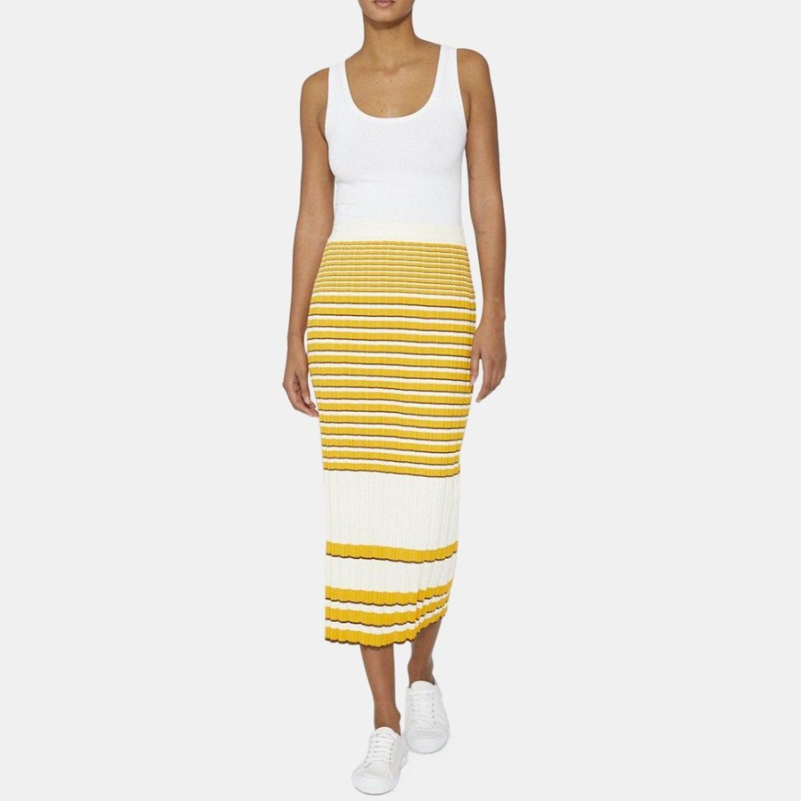 Women Theory Outlet | Striped Midi Skirt In Cotton Blend Rib Knit Soap/Amber/Cedar