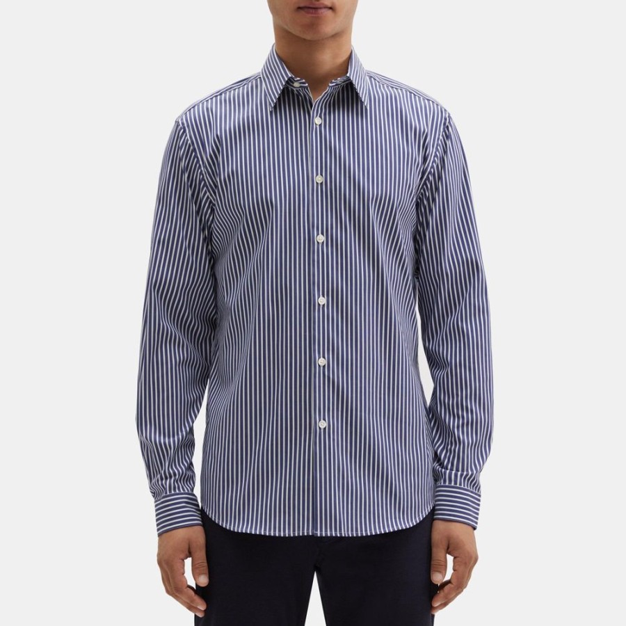 Men Theory Outlet | Standard-Fit Shirt In Striped Stretch Cotton Baltic/White