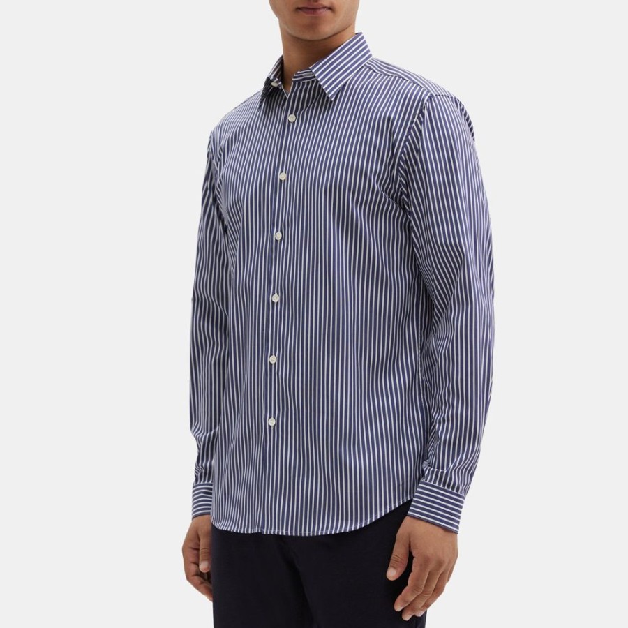 Men Theory Outlet | Standard-Fit Shirt In Striped Stretch Cotton Baltic/White