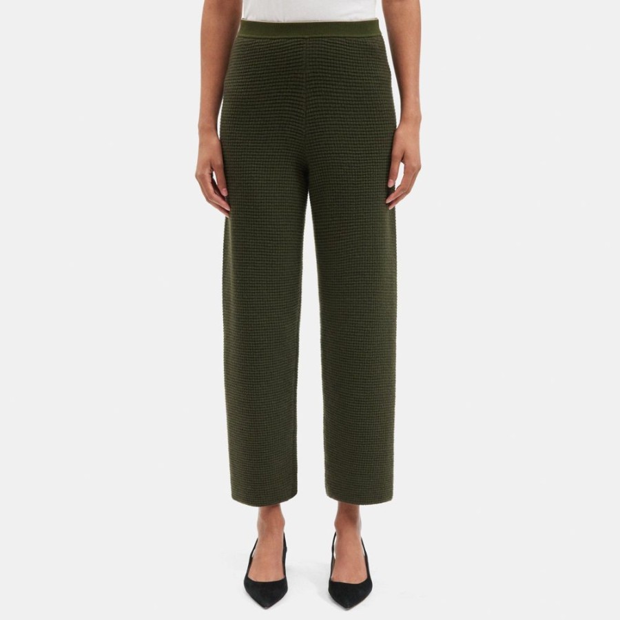 Women Theory Outlet | Cropped Pull-On Pant In Felted Wool-Cashmere Dark Rosemary/Pale Apricot