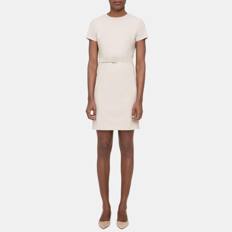 Women Theory Outlet | Belted Sheath Dress In Sevona Stretch Wool Sand