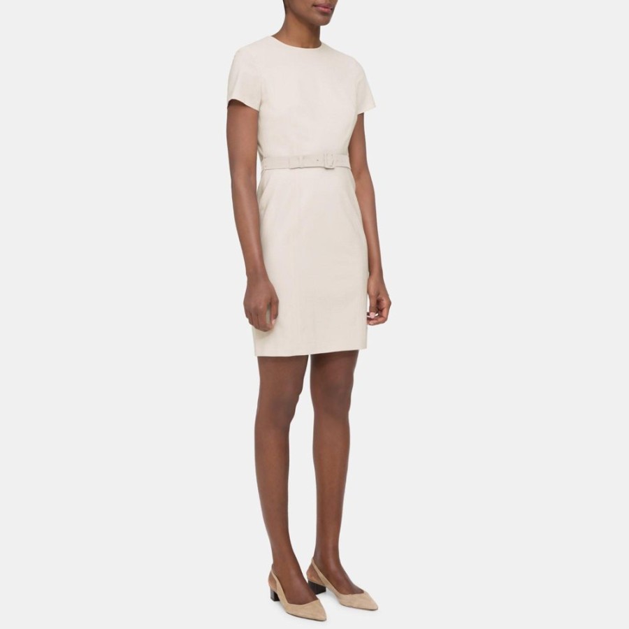 Women Theory Outlet | Belted Sheath Dress In Sevona Stretch Wool Sand