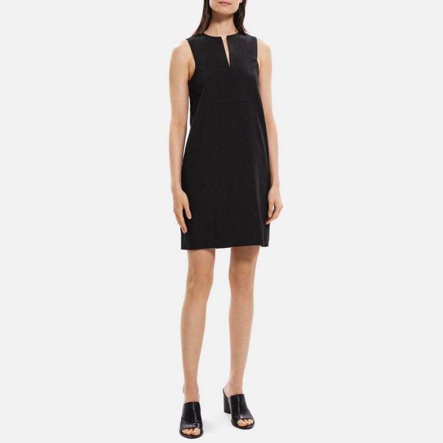 Women Theory Outlet | Slit Shift Dress In Linen-Blend Black