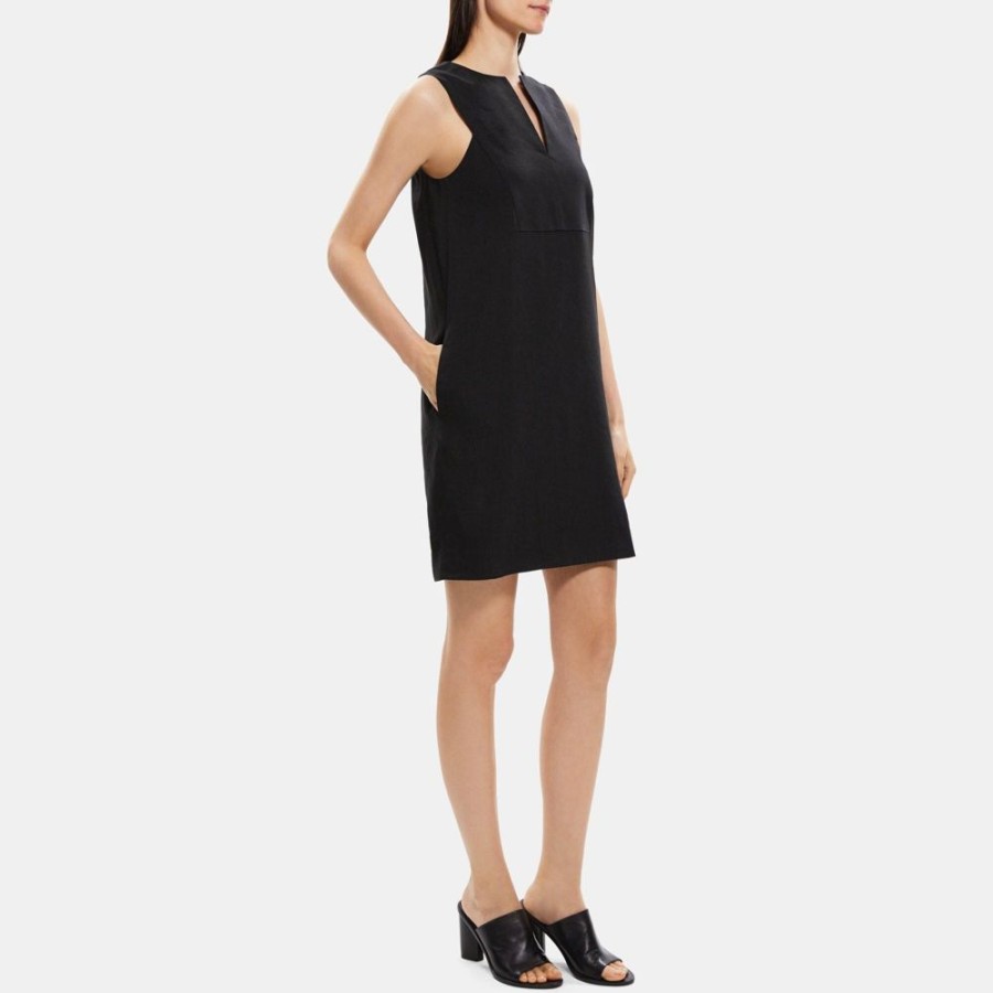 Women Theory Outlet | Slit Shift Dress In Linen-Blend Black