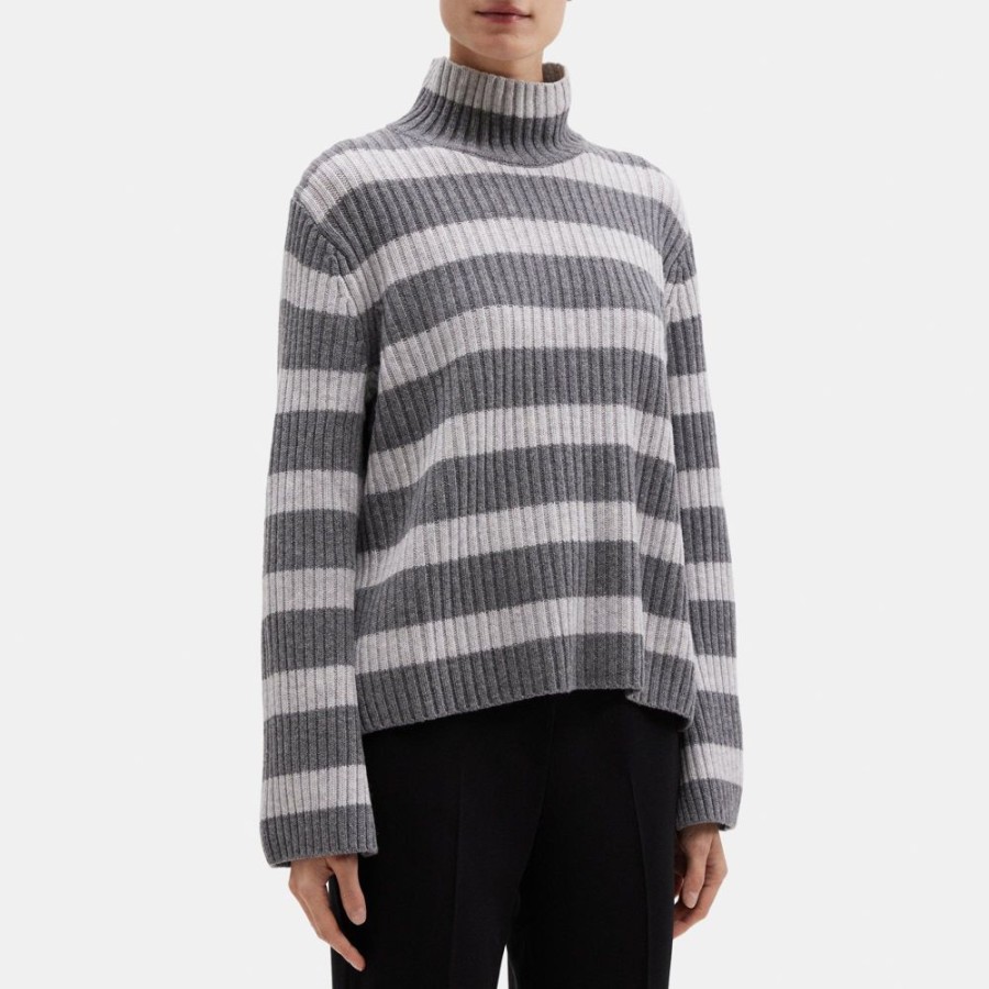 Women Theory Outlet | Striped Turtleneck Sweater In Wool Mineral Grey/Med Grey Mel