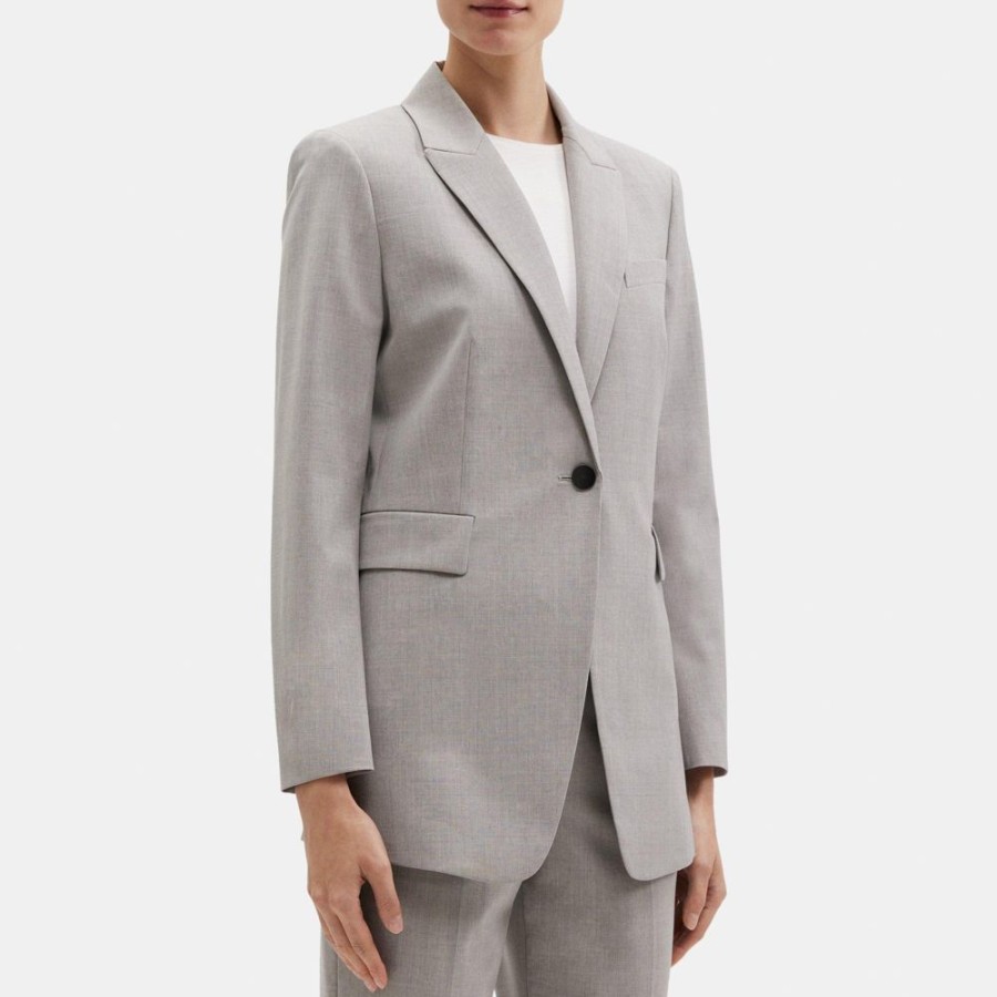 Women Theory Outlet | Fitted Blazer In Stretch Wool Melange Light Grey Melange