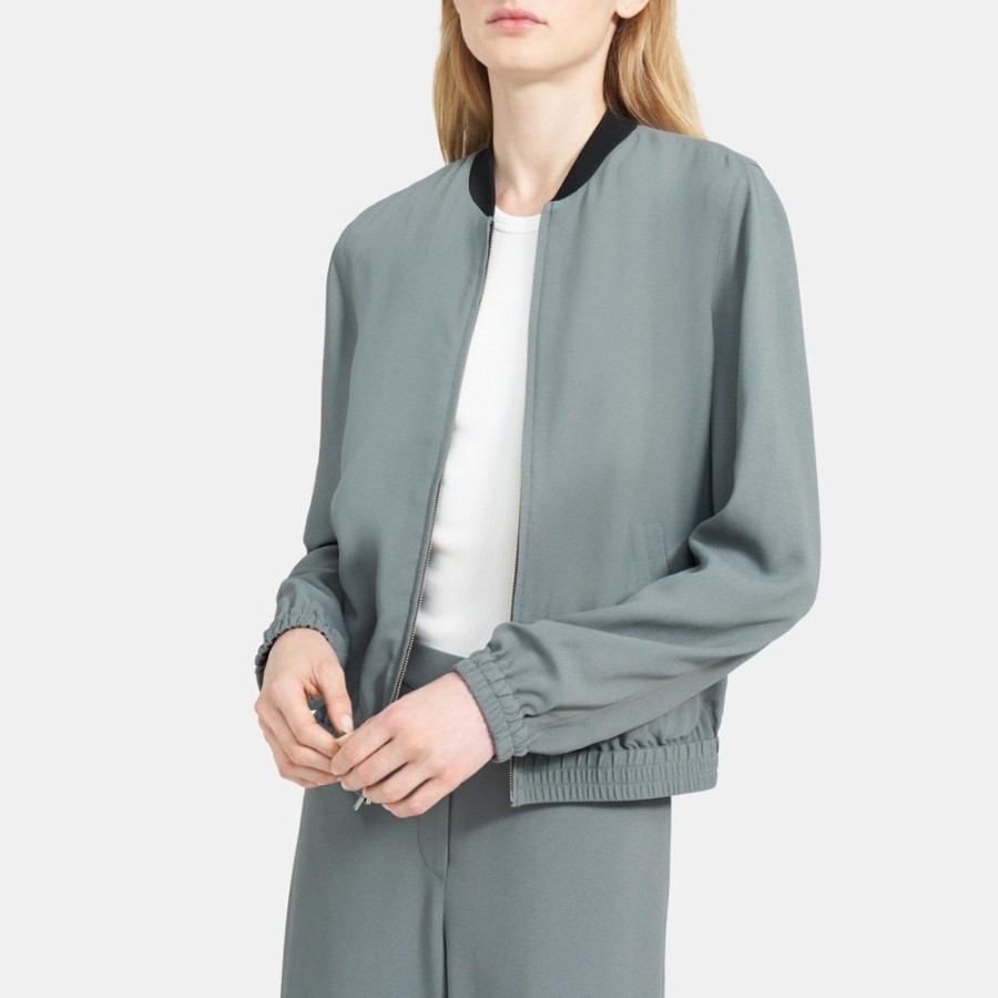 Women Theory Outlet | Bomber Jacket In Crepe Slate Grey